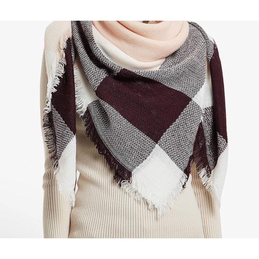Wander Agio Plaid Blanket Scarf Wrap Fringe Women Beige Khaki New